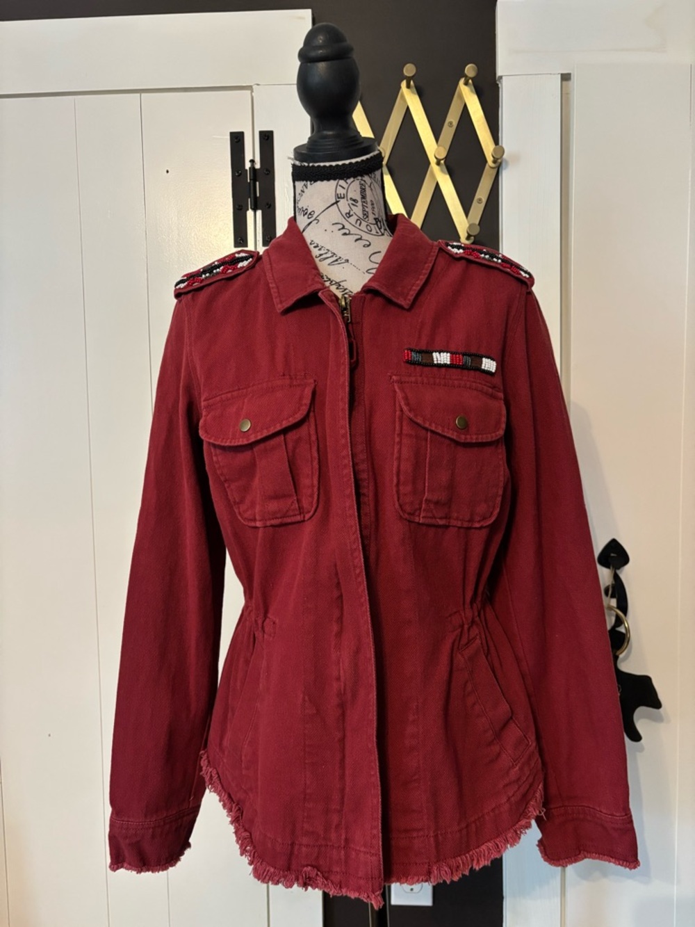 Women's Burgundy Utility Jacket with Embellished Epaulets